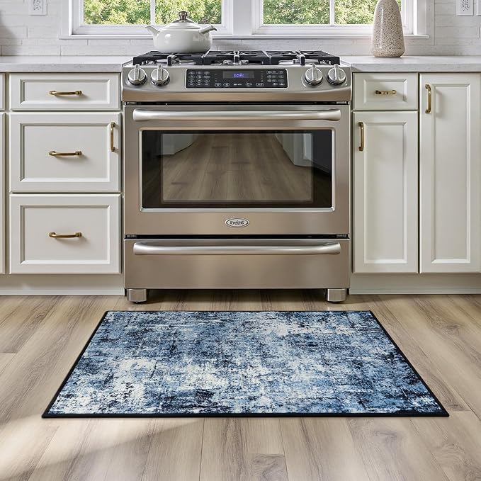 Rugflix 2x3 Entrance Rugs, Entry Rug Washable Non-Slip Stain-Resistant Low Pile Small Modern Dark Carpet, for Living Room Bedroom Indoor, Navy Blue/Black
