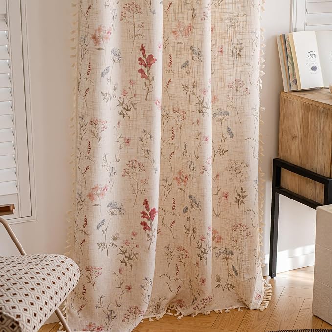 OYX Floral Curtains 2 Panels 52x96 Inches, Boho Tassel Semi-Sheer Light Filtering, Rod Pocket Farmhouse Window Drapes for Bedroom Living Room Dining Room, Bohemian Aesthetic Decor