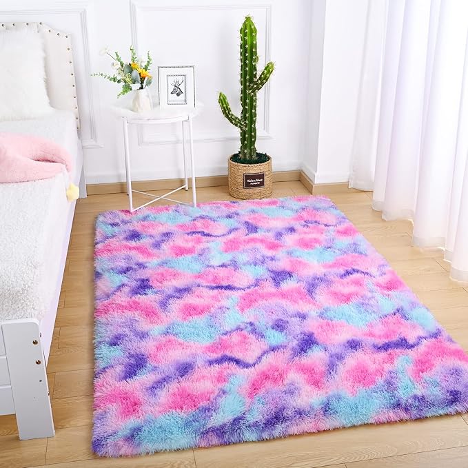 AROGAN Soft Rainbow Area Rugs for Girls Room 3x5 Feet, Fluffy Cute Colorful Princess Carpet for Kids Teens Nursery Toddler,Bedroom Hot Pink