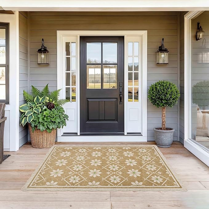 ORTIGIA Scalloped Easy Jute 3x5 Area Rug Boho Vintage Brown Floral Farmhouse Washable Rug Non-Slip Indoor Outdoor Carpet for Living Room Bedroom Kitchen Patio Entryway