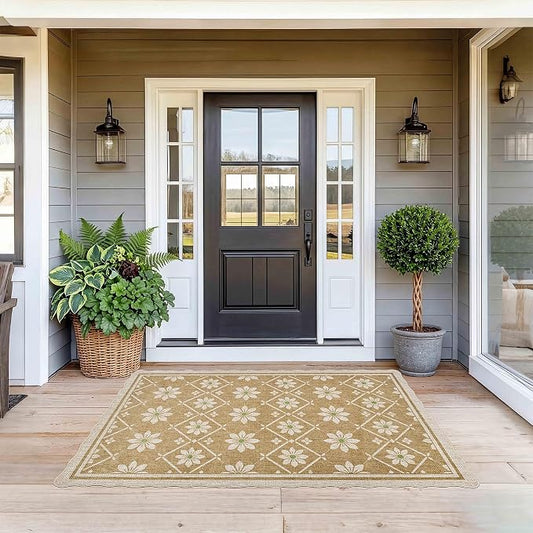 ORTIGIA Scalloped Easy Jute 3x5 Area Rug Boho Vintage Brown Floral Farmhouse Washable Rug Non-Slip Indoor Outdoor Carpet for Living Room Bedroom Kitchen Patio Entryway