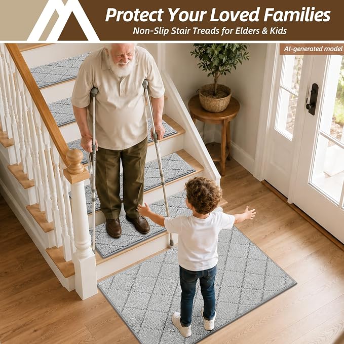 COSY HOMEER Edging Stair Treads Non-Slip Corner Indoor Stair Runners for Wooden Steps,Landing Slip Resistant Stair Rugs for Kids and Dogs, 100% Polyester TPE Backing,Grey,20"X32"