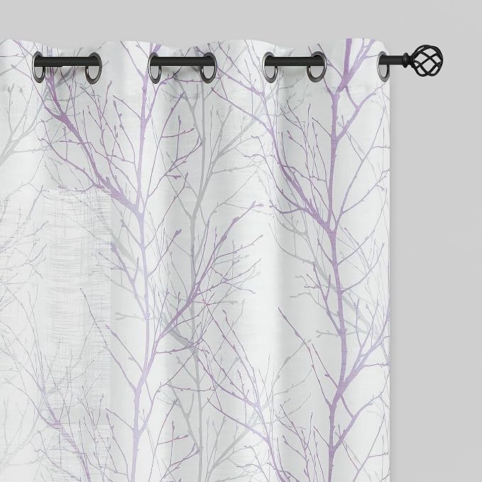 FMFUNCTEX Linen Semi Sheer Curtains for Bedroom, Lilac White Curtains 72 Inches Long for Living Room, Grey Tree Branch Patterned Curtain Light Filtering Farmhouse Window Drapes, Grommet Top 2 Panels