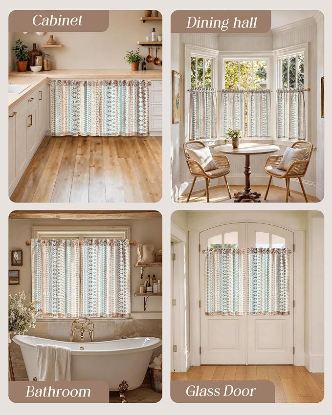 Miss Adola Boho Kitchen Tier Curtains - 36 Inch Length Linen Blend Cafe Curtains Farmhouse Small Window Treatments Over Sink Rod Pocket for Bathroom Living Room Light Filtering, 2 Panels