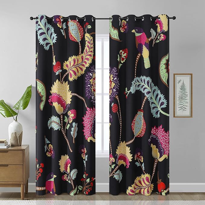 Estelar Textiler Blackout Curtains 96 Inches Long 2 Panels Set for Bedroom, Abstract Flower and Bird Curtains for Living Room, Energy Efficient Room Darkening Curtains with Grommet,52Wx96L
