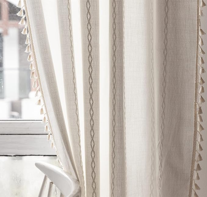 RoomTalks Extra Long White Boho Farmhouse Curtains for Bedroom Living Room 96 Inch Length 2 Panels Cute Textured Window Curtain Panels Embroidery Shabby Chic Tassel Draperies