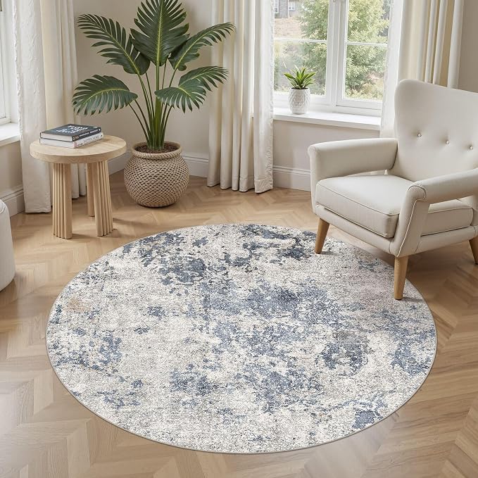 5ft Round Area Rugs for Living Room: 5x5 Abstract Washable Rug Modern Large Soft Stain Resistant Non-Slip Backing Machine Table for Bedroom Dining Room Indoor Home Office Carpet - Blue Brown
