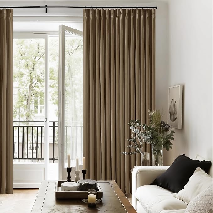 Dutch Cocoa Pinch Pleated Full Blackout Curtains Linen Blend Room Darkening Window Curtains 80 Inch for Living Room Bedroom Thermal Insulated Back Tab Pinch Pleat Drapes with Hooks Rings 2 Panels