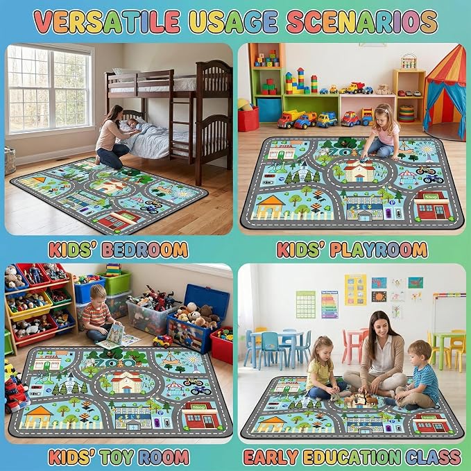 Car Rug Play Mat - Road Rug for Kids Boys Room, Fun Race Track Traffic Road Carpet for Boys Playmat Educational Learn, Car Carpet for Kids Room Decor Playmat Bedroom Playroom,2.5x4 Feet