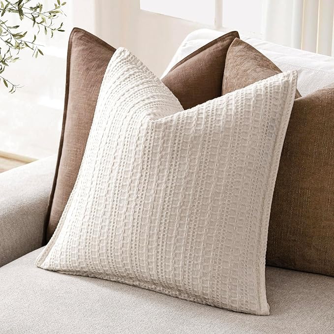Foindtower Set of 2 Decorative Cotton Waffle Weave Throw Pillow Covers Euro Shams Cushion Covers Accent European Pillowcase for Bed Couch Sofa Bedroom Living Room Home Decor 24×24 Inch Natural Ivory
