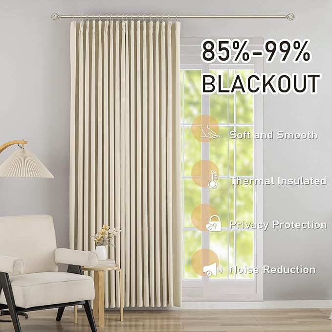 DONREN Cream 60 inch Wide Pinch Pleated Blackout Curtains with Hooks - 84 inch Length Room Darkening Thermal Insulated Window Curtain Panels for Patio Sliding Glass Door,Pack of 2