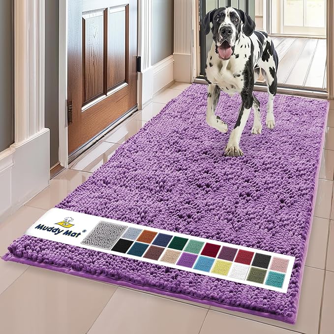 Muddy Mat® | Super Water Absorbent Door Mat Indoor, Microfiber Quick Dry Chenille Entryway Rug, Slip Resistant Front Door Mat, Indoor Mats for Entryway, Machine Washable Pet Rug, Purple 36" x 120"