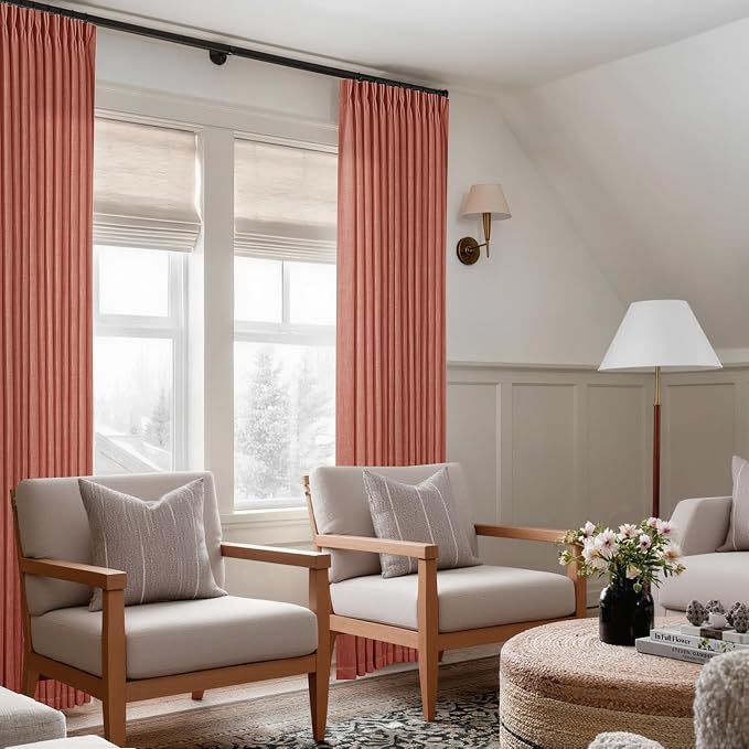 Pinch Pleated Terracotta Linen Curtains 84 Inches Long 2 Panels Set for Living Room Dining Pinch Pleat Back Tab Light Filtering Farmhouse Boho Retro Window Curtain Drapes Red Clay Autumn Fall Decor