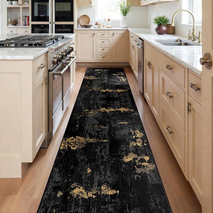 RELEANY Washable Area Rugs 2'x8' Non-Slip Modern Abstract Soft for Living Room Entryway Bedroom Kitchen, Print Pattern, Dark Black Gold