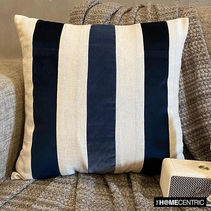 The HomeCentric Pack of 2 Decorative Throw Pillow Cover Navy 26"x26" (65x65 cm) Velvet & Linen Patchwork, Striped Pillowcases, Striped Modern Style - Velvet Band Navy