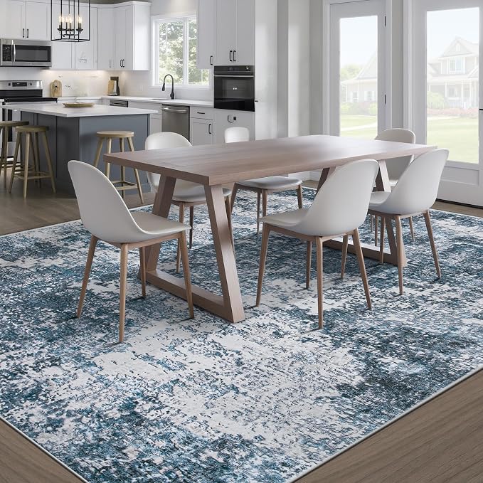 pmtsns Area Rugs 9x12 for Living Room: Washable Rug Modern Abstract Neutral Soft Non-Slip Low-Pile Indoor Large Carpet for Bedroom Dining Room Playroom Home Office (Blue Grey, 9'x12')