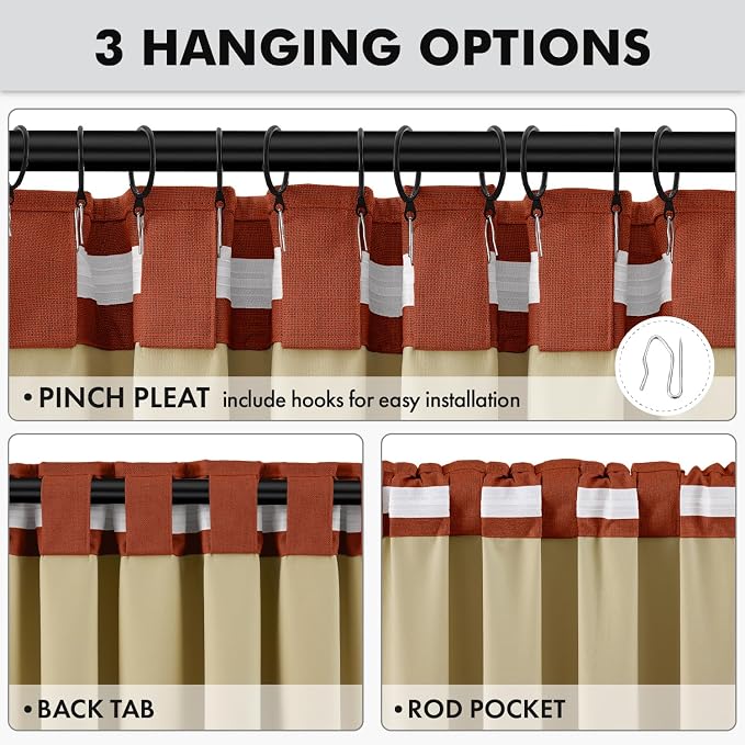 MIULEE 100% Blackout Linen Curtains for Bedroom, Burnt Orange Solid Luxury Decor Thermal Insulation Room Darkening Drapes for Living Room Back Tab Rod Pocket 42 x 90 Inches, 2 Panels