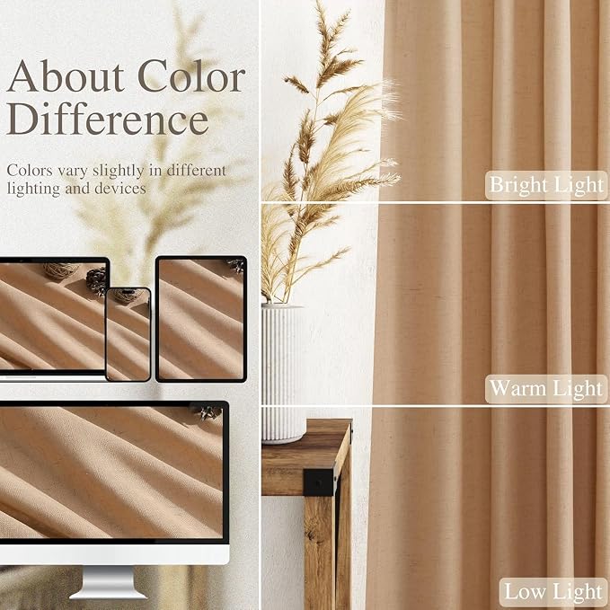 Nanspring Camel Linen Curtains for Living Room 98 Inches Long Back Tab and Rod Pocket Light Filtering Semi Sheer Vintage Rustic Curtain Luxury Boho Decor Drapes for Bedroom Office 52x98, 2 Panels