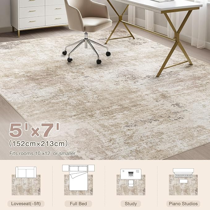 Abstract 5x7 Area Rug: Machine Washable Non Slip Ultra Thin Low-Pile Carpet, Soft Stain Resistant for Living Room Bedroom Nursery, Kid Pet Friendly, Robot Vacuum Compatible - Brown