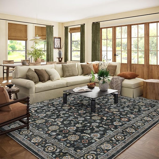 Washable Area Rugs for Living Room: 9x12 Bedroom Rug Vintage Boho Area Rug Stain Resistant Non Slip Low Pile Lightweight Soft Carpets for Living Room Dining Room Kitchen Nursery Kids Room Farmhouse