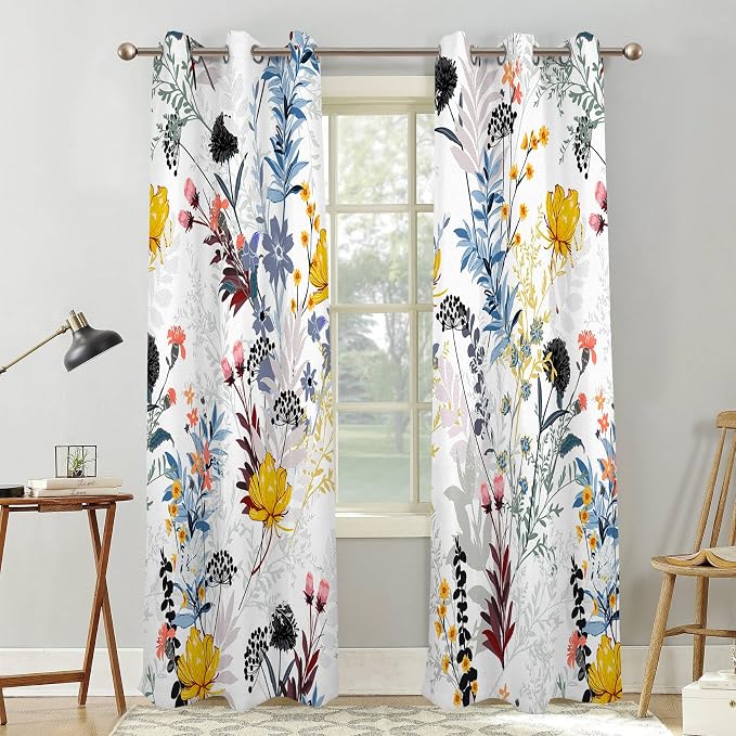 Renaiss Botanical Plants Blackout Curtains, Wild Flowers Plants Print Thermal Insulated Bedroom Window Curtains, Boho Floral Window Drapes for Living Room, 84" L x 53" W 2 Panel Set