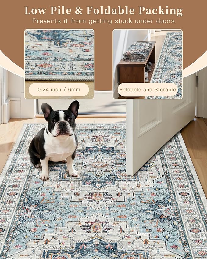 Madane Hallway Runner Rug 3x20 Washable Kitchen Runners 20ft, Blue | Vintage Non Slip Extra Long Area Rugs , Soft Low-Pile Farmhouse Wide Floor Carpet for Corridor Entryway Bathroom Bedroom