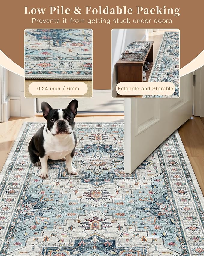 Madane 4x10 Wide Hallway Runner Rug Washable for Living Room, Blue | Soft Stain Resistant Ktichen Runners 10ft, Vintage Non Slip Low Pile Area Rugs, Thin Floor Carpet for Bathroom Dining Bedroom