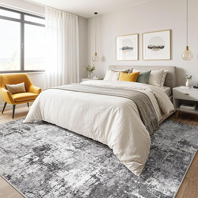 Large Area Rugs 12x15 Living Room: Washable Large Abstract Modern Soft Stain Resistant Indoor Floor Rugs Non-Slip Accent Carpet for Bedroom Nursery Playroom Office Dining Room Home House- Black Grey