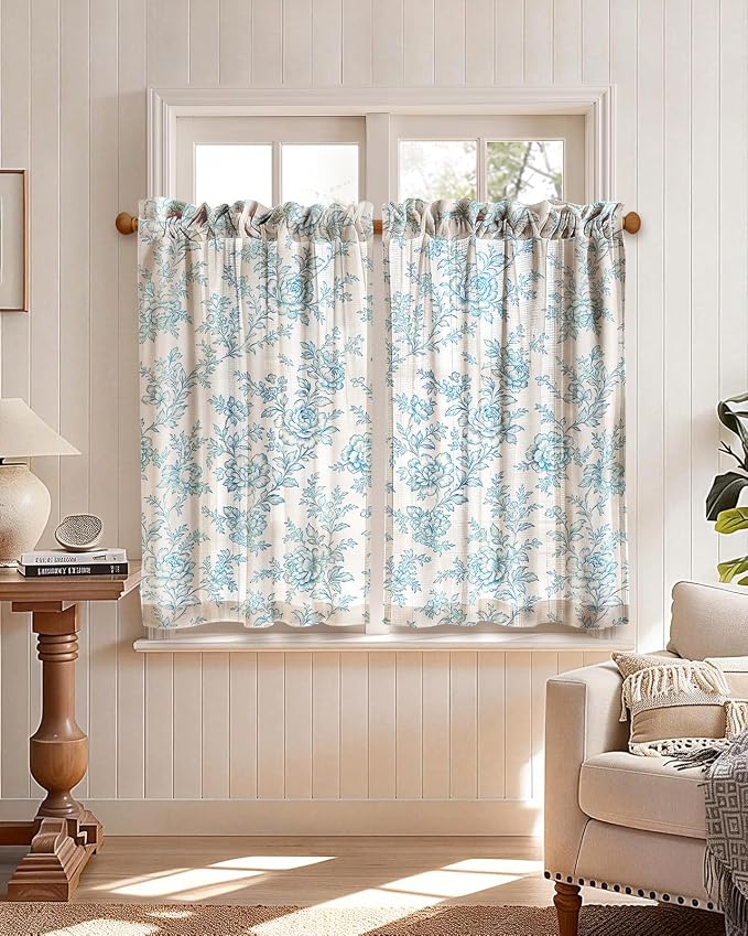 Miss Adola Farmhouse Kitchen Tier Curtains - 36 Inch Length Linen Blend Cafe Curtains Blue Floral Small Window Treatments Over Sink Rod Pocket for Bathroom Living Room Light Filtering, 2 Panels