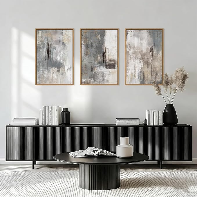 Large Abstract Neutral Gray Beige Framed Canvas Wall Art,Modern Minimalist Earth Tone Brushstroke Wall Decor,Vintage Rustic Color Block Artwork for Living Room,Bedroom,Farmhouse- 24"x36"x3