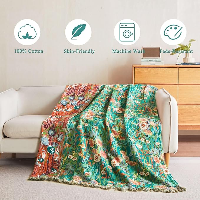 Boho Throw Blanket - 60"x80" 100% Cotton Ultra Soft Lightweight Spring Blanket, 4-Layer Breathable Muslin Blankets for Bed Couch, Reversible Green Floral Printed Bohemian Cotton Quilt