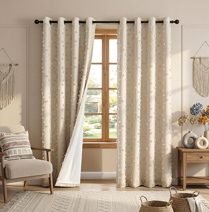 MYSKY HOME 100% Blackout Curtains for Girls Bedroom 90 Inch Long Total Room Darkening Curtain for Living Room 2 Panels Grommet Light Blocking Sliding Door Drapes Beige Pom Pom Sheer 52" x 90"