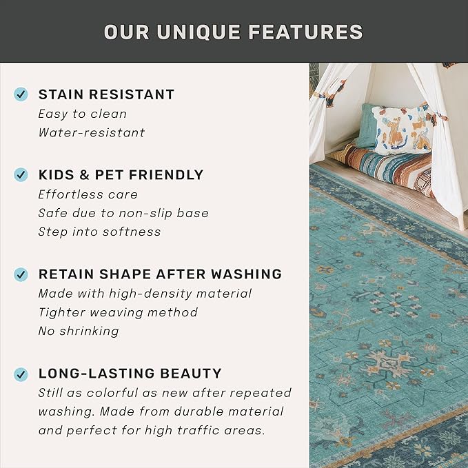 Hazo Haus Boho 2x6 Non Slip Kitchen Rug Runner - Teal Washable Rug for Bathroom, Laundry Room, Hallway, Non Slip with Rubber Backing, Floral Aqua Blue Unique Runner Décor