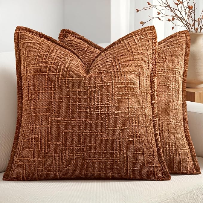 MIULEE Slubby Textured Decorative Throw Pillow Covers 18x18 Inch Set of 2 Boho Farmhouse Soft Cozy Chenille Pillows Cushion Cases Modern Fall Home Decor for Couch Sofa Bed Living Room, Rust