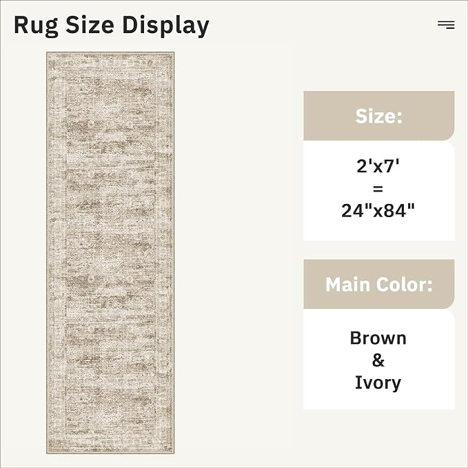 Soalmost Runner Rug 2x7 Washable Non-Slip Hallway Runner Rugs for Kitchen Bathroom Laundry Room Brown Vintage Floor Carpet Runners for Hallways Entryway