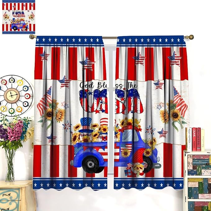 American Flag Curtains,4th of July Stars Stripe Sunflower Gnome Decor Drape for Bedroom Living Room Window Treatment 2 Panels Set Total Size 63" W X 72" L Inch