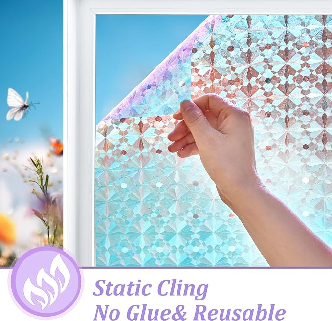 Windimiley Stained Glass Window Privacy Film, Rainbow Clings, 17.5" x 118.1 | 3D Diamond Decorative Window Film,Static Cling No Glue Removable, UV Heat Blocking,Renter Friendly for Bathroom Bedroom Door