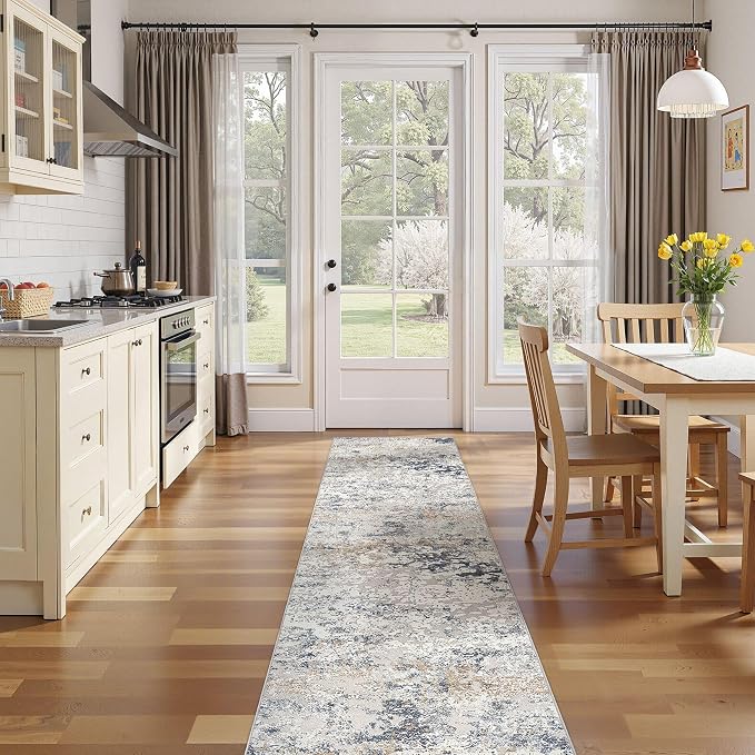 DMOYEST Washable Runner Rug for Hallway: 2.6x10 Neutral Modern Abstract Low Pile Area Rug with Non-Slip Backing - Carpet for Bedroom Kitchen Laundry Entryway Bathroom Indoor - Beige Blue