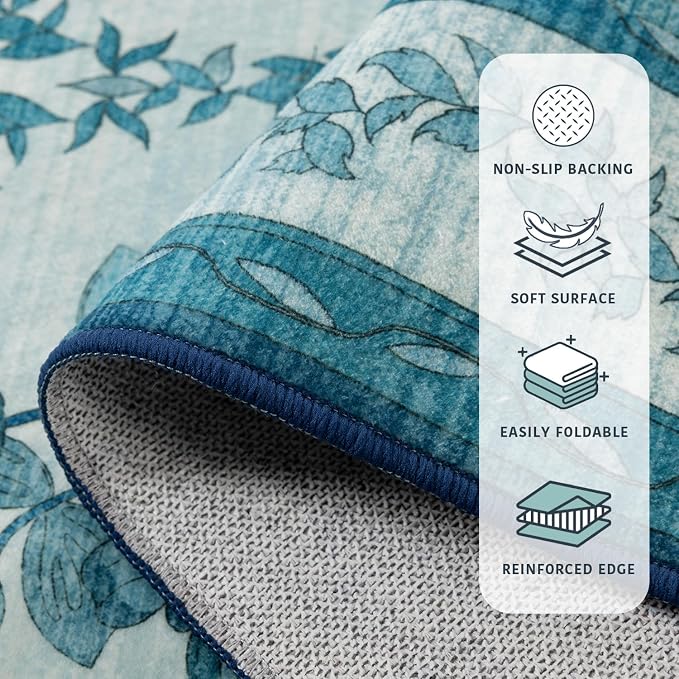 LIANLAM Checkered Rug 9x12 Area Rugs for Living Room - Stain Resistant & Non-Slip Backing Vintage Boho Floral Design Rug for Bedroom,Durable & Ultra-Thin Large Washable Area Rug(9x12,Blue)