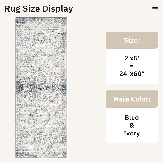 Soalmost Runner Rug 2x5 Washable Non-Slip Kitchen Runner Rugs for Bathroom Laundry Room Blue Ivory Vintage Floor Carpet Runners for Hallway Entryway