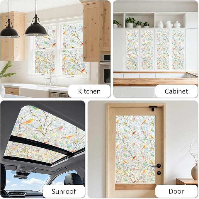 Kromapolis Window Privacy Film, Stained Glass Sticker Window Clings, Decorative Static Clings UV Blocking Colorful Decals, Removable Vinyl Covering Rainbow Bird, 17.5'' x 78.7''