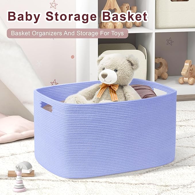 86L Large Baby Girls Laundry Basket for Nursery Storage,Cute Woven cotton Rope Baskets for Kids Toy，Gifts, Boho Square Wicker Blanket hamper for Living Room,Bedroom Dirty Clothes,Blue Purple