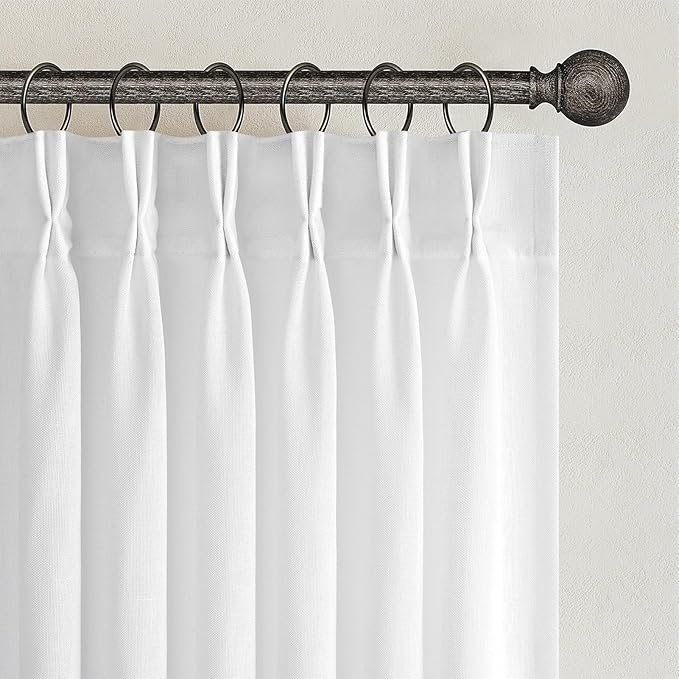 Topfinel Beige White Pinch Pleated Semi Sheer Curtains Textured Linen Blended Light Filtering Window Curtains 94 inch for Living Room Bedroom Pinch Pleat Drapes with Hooks 2 Panels 40" Wx94 L
