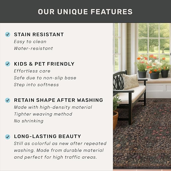 Boho Brown Washable 2x3 Entryway Rug - Front Door Mat Rugs Indoor Entrance, Non-Slip Vintage Floral Small Throw Rug for Kitchen, Bathroom, Dark Modern Western Unique Entry Décor