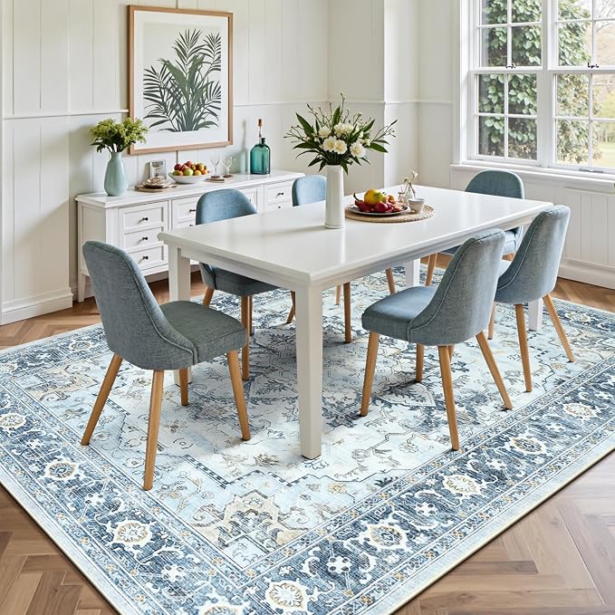 Lofus 9x12 Area Rugs for Living Room, Machine Washable Non-Slip Area Rug, Low Pile Large Rugs for Bedroom, Kitchen, Dining Room, Home Office, Vintage Oriental Print Rug, Blue Gold