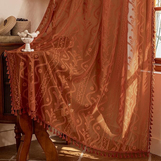 WAZZIO Boho Lace Curtains 45 Inch 2 Panels-Vintage Sheer Panel Drape Floral Pattern & Tassel Light Filtering Privacy for Bedroom Dining Living Room,Cottage Earthy Full Decor Terracotta,W52 x 45L