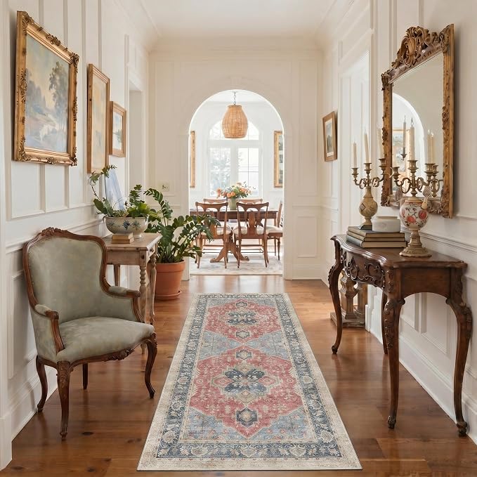 GENIMO 5x7 Floral Medallion Area Rug Machine Washable Non Slip Low Pile, Lightweight Print Pattern Rugs for Living Room Bedroom Dining Room, Dusty Red