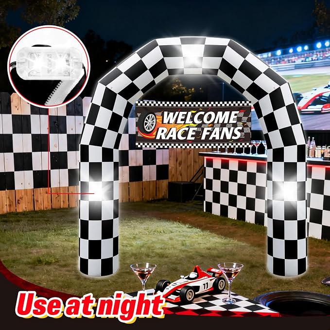 8FT Black and White Checkered Outdoor Race Car Inflatable Arch | Blow Up Racing Party Decoration with 3 Banners Built-in 3 LED Lights for Race Car Themed Birthday Party Lawn Yard Decor