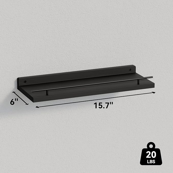 WOPITUES Floating Shelves with Black Metal Guardrail, Shelves for Wall Decor Set of 3, Wall Shelves for Bedroom, Bathroom, Kitchen, Living Room, Plants, Picture Frames, Art- Black