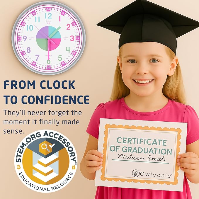 OWLCONIC Clock for Kids – Educational Analog Learning Wall Clock, Non Ticking Teaching Clock for Classroom & Homeschool, Silent Kids Bedroom Décor Pastel Pink